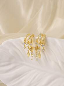 Bông tai dáng dài cho nữ, bông tai đinh tán ba chấu mạ vàng 14k, bông tai dây xích dễ thương, bông tai thả nhỏ nhắn cho nữ, trang sức mạ vàng, trang sức mùa hè, bông tai hình hoa. - Kiểu 11 - Xem 4