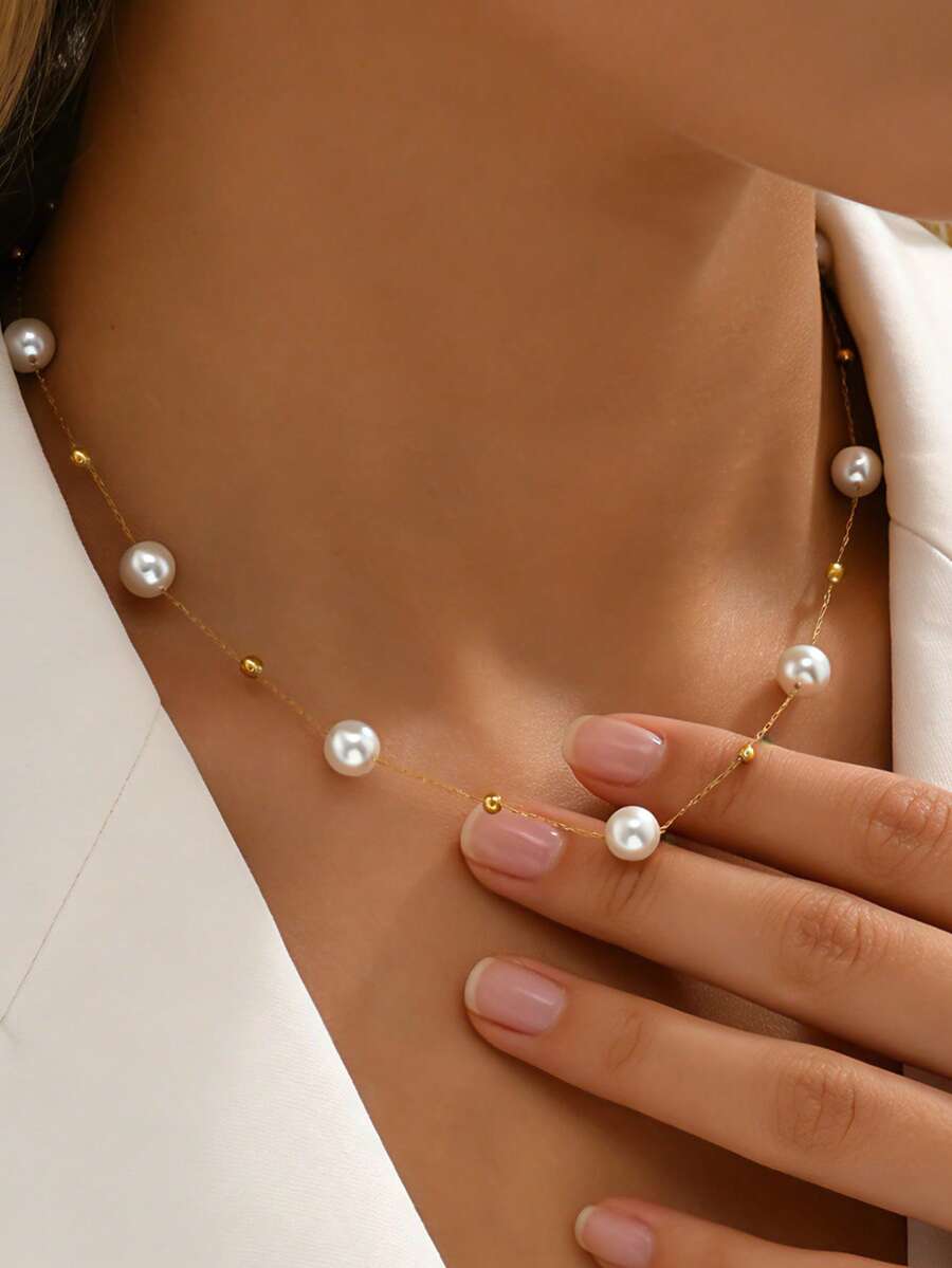 1pc Minimalist Pearl Decor Elegant Gold Tone Chain Necklace For Women - Yellow Gold - View 1