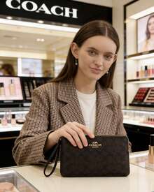 Coach Small Zipper Accent Silver Letter Logo Classic PVC Wristlet Wallet - Dark Brown - View 4