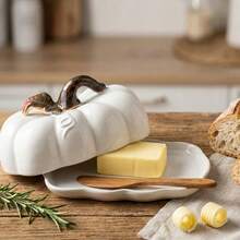 Weiße Keramik Kürbis Butterdose mit Deckel - Thanksgiving Herbst Ernte Küchen Dekoration & Servierplatte - Verschiedenfarbig - Übersicht 4
