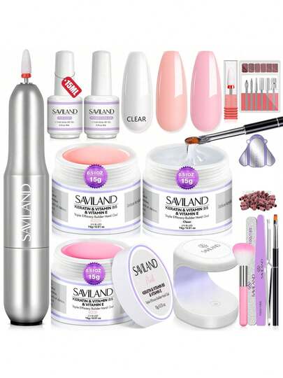  Ensemble de gel de construction SAVILAND Clear&Pink&Nude, gel de construction dur pour ongles, lampe UV pour ongles en gel, lampe œuf, ensemble assorti pour la machine de meulage