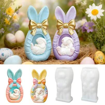 1个新款复活节兔子蝴蝶结耳朵硅胶模具，DIY可爱兔子桌面装饰，蜡烛，蜡，石膏，香薰硅胶模具