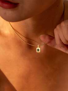 1pc Women's Pendant Necklace, Minimalist Layered Design, Stainless Steel With Embedded Green Zirconia Rectangular Pendant, Versatile Daily Wear, Gift Accessory - Yellow Gold - View 7