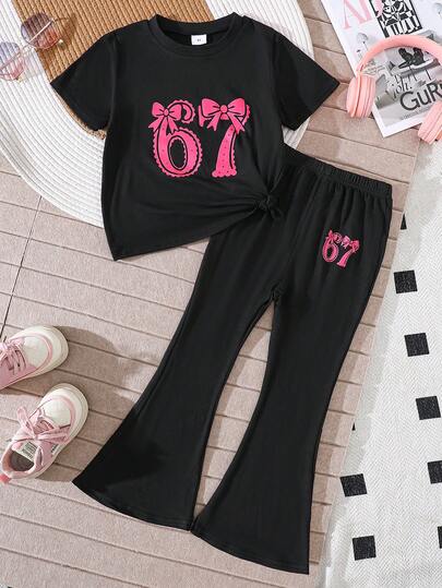 两件套女童数码印花黑色牛奶丝双面磨毛T恤和喇叭裤，休闲舒适运动甜美套装，适合郊游和公园探险，春夏秋季皆宜。