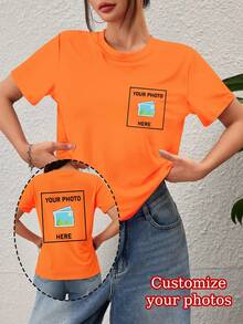 Customized Women's T-Shirt - Add Your Photo (Landscape/Badge/Couple/Family/Selfie/Pet), Double-Sided Printing, Suitable For Summer Travel, Girlfriend Gift, Women's T-Shirt, Customized Women's Top - Orange - View 2