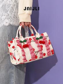 JNI JLI White & Red Cherry Print Canvas Tote Purse Women Stylish Handbag Cross Body Bag Travel Essential Casual Daily Use Bags Vintage Sling Bag Summer Fashion Handbags Mini Purses Practical Shoulder Bag Checkered Ruffle Detail Tote Bag Ladies Daily Purse Versatile Crossbody Shoulder Bag Spacious 3D Cherry Decor Handbag Must-Have Outfit Accessory Everyday Use Fashion Purse Casual Style Shoulder Bag - Màu Hồng Tươi - Xem 7