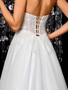 纯色亮片拼接拉链优雅无肩带婚纱 - 白色 - 查看 7