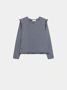 ARMONIAS Camiseta de Rayas Armonías Teen con Volantes en Hombros, Cuello Redondo y Manga Larga para Mujer, Hecha en Italia, Mezcla de Algodón y Poliéster, Disponible en Tallas S, M y L, Color Azul Navy, Tela con Elasticidad Normal, Ideal para un Estilo Casual y Confortable, Diseño Exclusivo para un Look Moderno y Juvenil - N. AZUL - Ver 1