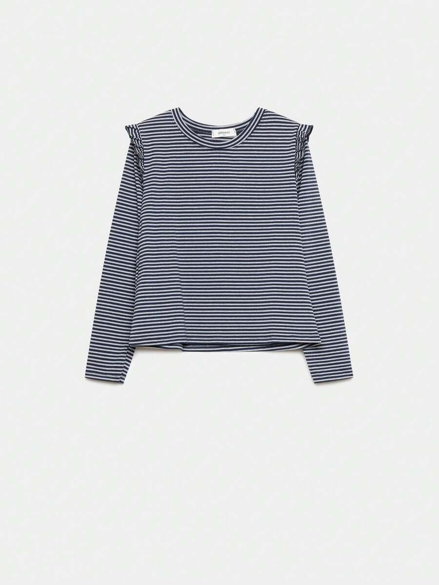 ARMONIAS Camiseta de Rayas Armonías Teen con Volantes en Hombros, Cuello Redondo y Manga Larga para Mujer, Hecha en Italia, Mezcla de Algodón y Poliéster, Disponible en Tallas S, M y L, Color Azul Navy, Tela con Elasticidad Normal, Ideal para un Estilo Casual y Confortable, Diseño Exclusivo para un Look Moderno y Juvenil - N. AZUL - Ver 1