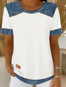 Tee-shirt manches longues élégant imprimé pour femmes grandes tailles - Patchwork en faux denim imprimé numérique distinctif, convient pour le travail, le quotidien et toutes les occasions. Beau tee-shirt en tissu polyester, col rond, pull-over léger et doux pour l'été - Blanc - Voir 2
