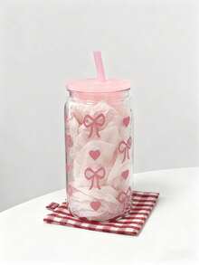 1pc 16oz Fashionable Pink Bow Plastic Cup With Lid And Straw, Ideal For Iced Coffee, Milkshakes, Gifts For Women, Sisters, Office, Home, Bedroom, Bathroom, Travel, Wedding, Birthday, Christmas, New Year - Multicolor - View 3