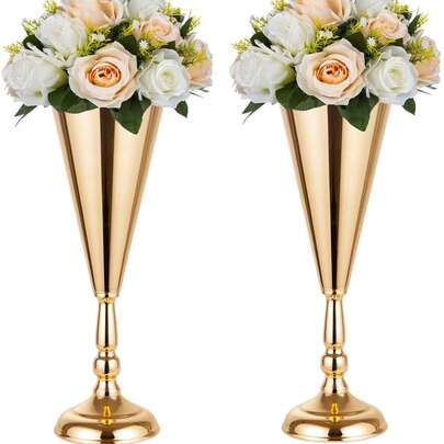两件套华丽风格金属婚礼喇叭花瓶，金色飓风造型桌面摆件，适用于周年庆典、派对、生日、家居装饰 - 优雅的喇叭形花瓶，无需用电
