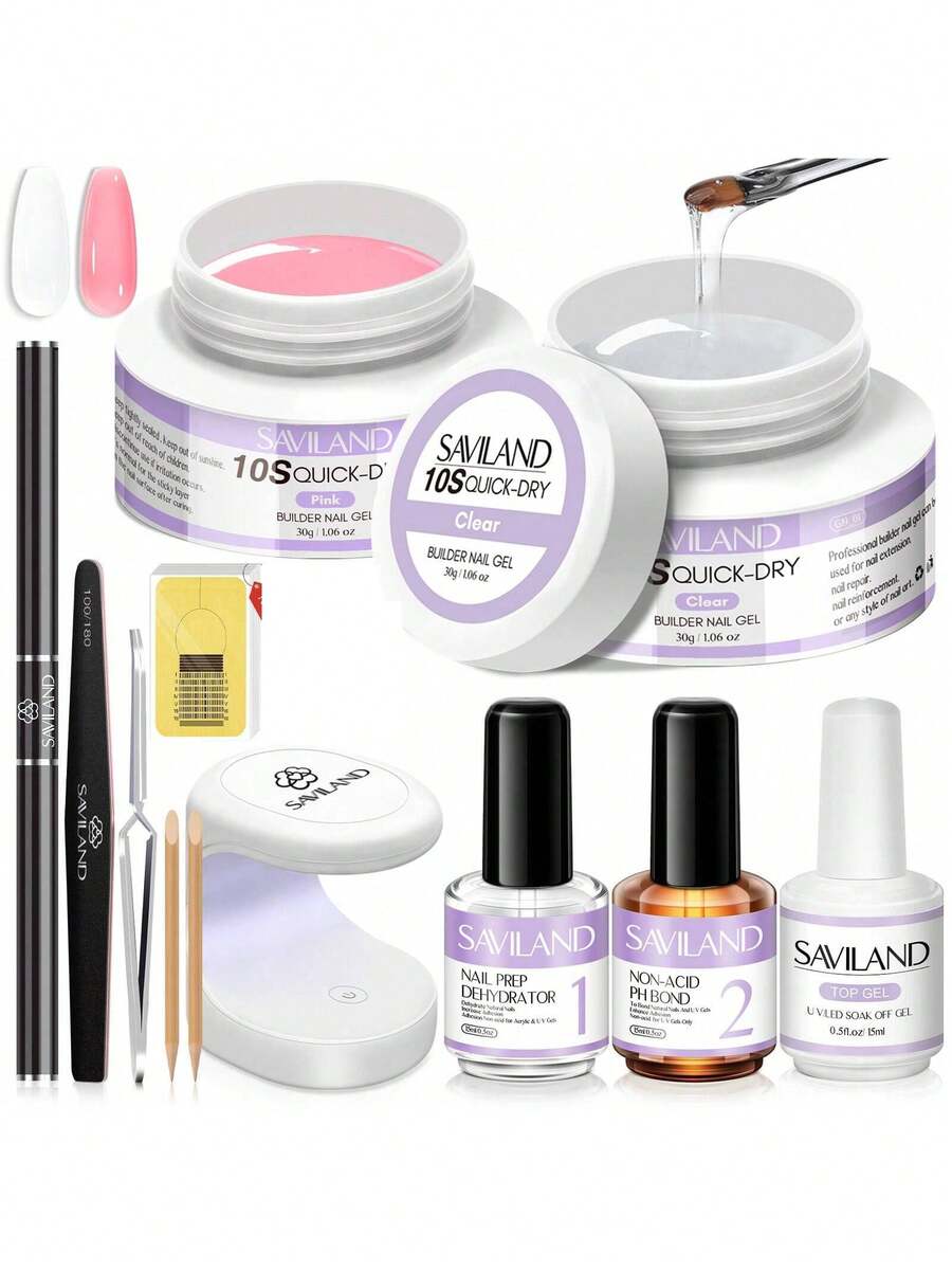 Saviland Builder Gel For Gel Nails Set: 2 Colors Clear Pink With U V Lamp Nail Brush 100 Pieces Nail Forms Fast Drying Builder Nail Gel Nail Extension And Modeling For Nails Art Supplies - Trong sáng - Xem 1