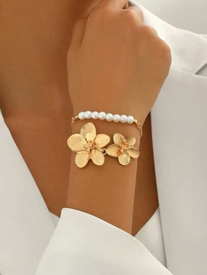 2件套花朵仿珍珠手链套装，时尚饰品，甜美可爱风格，日常百搭