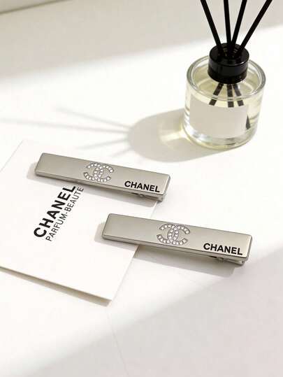 CHANEL 1 Set Of 2 Crystal Decorated Hair Clips, Black Or Silver, Gift Box Included