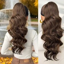 Ponytail Extension Drawstring Clip Style Wig, Black Brown Burgundy 22 Inch Long Wave Synthetic Heat-Resistant Fiber Synthetic Wig, Suitable For Women's Parties And Daily Use - Two-Tone - View 15