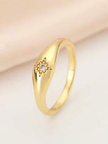 1枚奢华花卉锆石铜戒指，女士配饰 - 金色(R573) - 查看 9