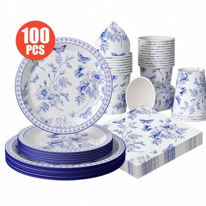 White Base Blue And White Porcelain Pattern Disposable Plates, Napkins, Cups - One-Time Party Supplies Set, Suitable For 25 Guests, Disposable Paper Plates Party Tableware For Birthday, Wedding, Theme Party, Family Picnic
