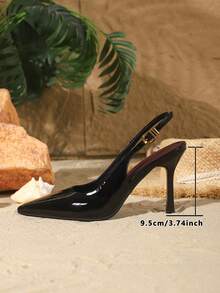Tacones altos de punta fina para mujer de 9,5 cm, elegantes bombas de tacón fino con decoración de hebilla de metal, zapatos de vestir de piel sintética con correa trasera para uso diario, fiesta, ir al trabajo, zapatos negros de oficina/trabajo, regalo del Día de la Madre - Negro - Ver 7