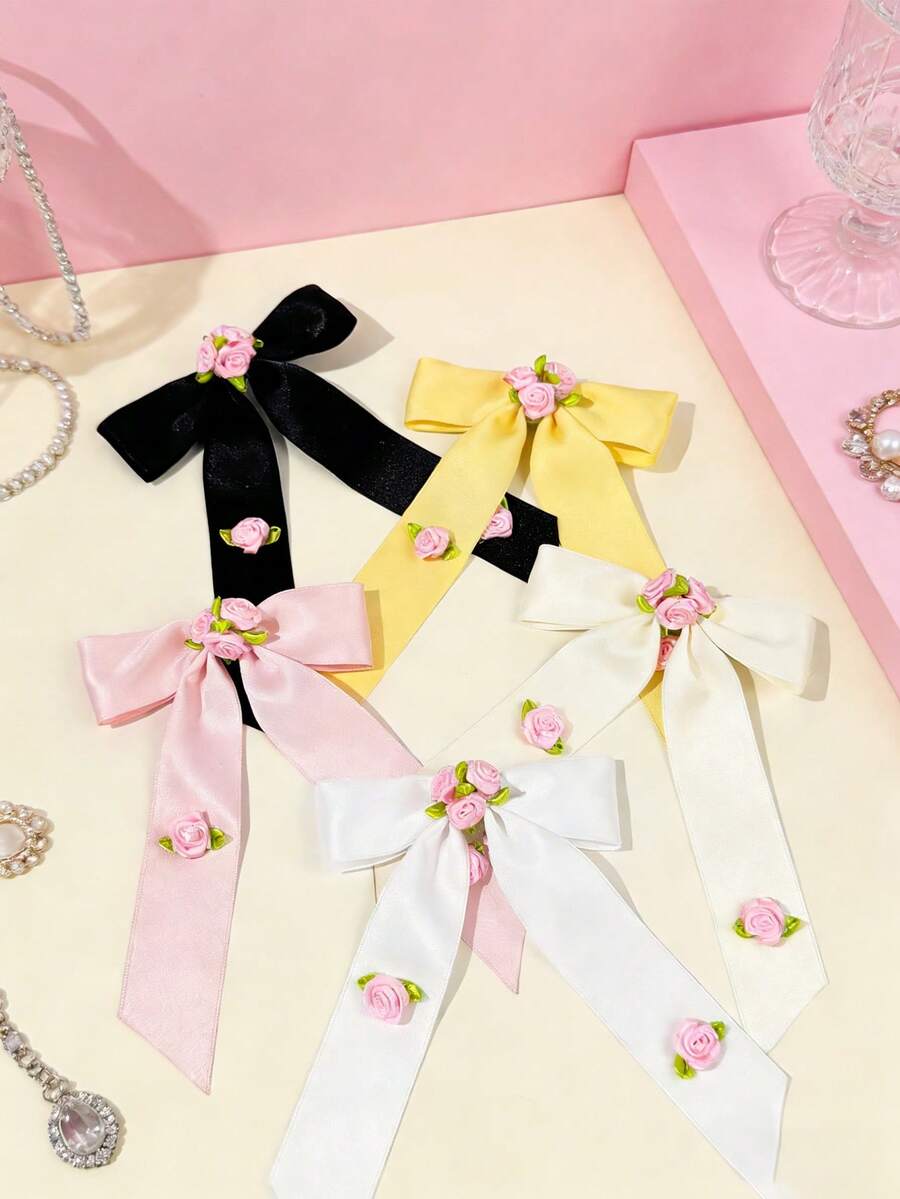 1 pieza Clip de pelo con lazo floral rosa lindo, accesorio de pelo de estilo dulce y pastoril para niñas - Multicolor - Ver 1