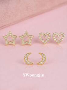 一对优雅闪亮的立方氧化锆装饰星星、月亮、心形不锈钢耳钉，适合女性日常佩戴，百搭设计，可作为礼物送给朋友、爱人，生日/情人节礼物。 - 金色 - 查看 1