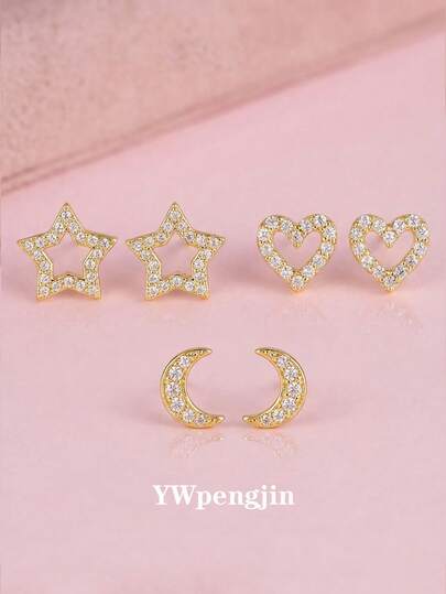 1 Pair Elegant Sparkling Cubic Zirconia Decorated Star, Moon, Heart Stainless Steel Stud Earrings, Suitable For Women's Daily Wear, Versatile Design, Can Be Gift For Friends, Lovers, Birthday/Valentine's Day