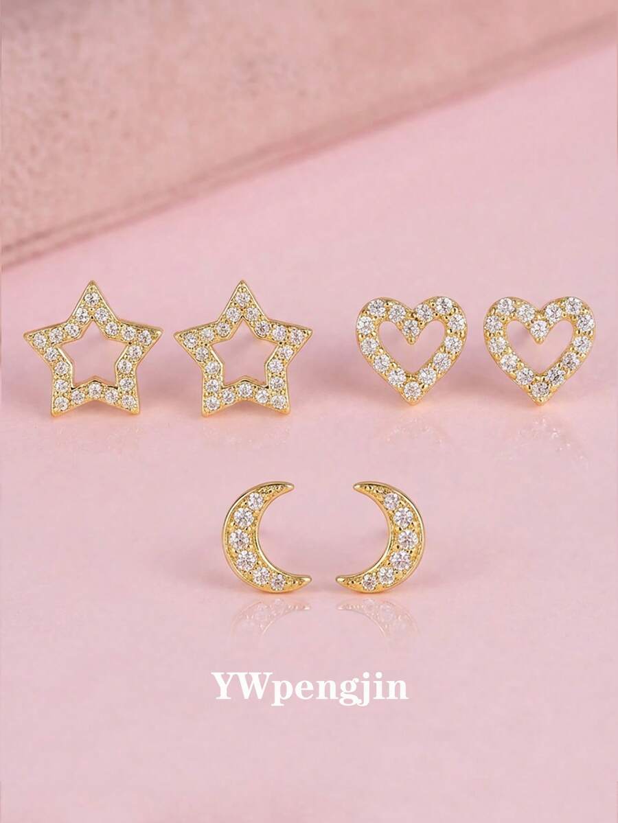 一对优雅闪亮的立方氧化锆装饰星星、月亮、心形不锈钢耳钉，适合女性日常佩戴，百搭设计，可作为礼物送给朋友、爱人，生日/情人节礼物。 - 金色 - 查看 1