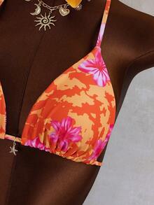 女士性感蝴蝶印花露背比基尼三件套，系带设计，含纱笼裙，适合夏季海滩度假，波西米亚风格 - 彩色 - 查看 5