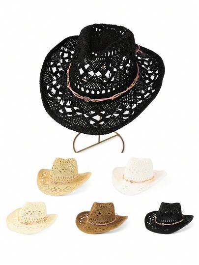 黑色镂空钩编西部牛仔帽，宽檐，粉色蕾丝编织，串珠心形吊坠装饰，甜美酷炫的度假风遮阳帽，独特个性时尚配饰，适合酷炫暗黑风日常穿搭，春夏款。