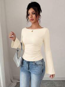 Women's Spring Fall Long Sleeve Shirts Crop Going Out Tops Casual Boat Neck Bell Sleeve Ribbed Ruched Y2K Clothes New Years Valentine's Day Vacation  Long Sleeve Tops Women - 米色 - 查看 6