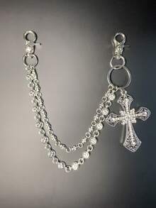 多元素交叉裤链，带龙虾扣吊坠的腰链，钱包链，复古链，双层链，嘻哈朋克风，牛仔裤链，口袋链，男士钥匙链 - 古銀色 - 查看 11