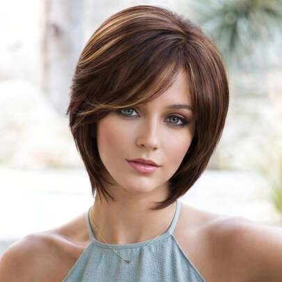 Women Short Bob Wig, Straight Hair, Side Part, With Side Bangs, Brown Mix Blonde Color, Highlight Brown Color, Fluffy, Short Layered Heat-Resistant High Temperature Fiber Synthetic Hair With Rose Net Cap, Perfect For Daily Party Dating Cosplay Halloween Christmas