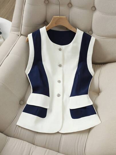 Women's Spring/Autumn New Arrival Simple Round Neck Patchwork Elegant Waist Fitted Vest . Classy Lady Dignified Vest Jacket Contrast Color Woven Fabric Button Vest , Office/Home/Holiday/Campus Wear, Spring/Summer/Autumn