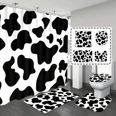 1pc/4pcs Black And White Cow Pattern Bathroom Curtain Set, Shower Curtain, Bathroom Decor, Bath Mat, Bathroom Mat, Home Decoration, Gift, Animal Theme, Bathroom Set, Comes With 12 Hooks