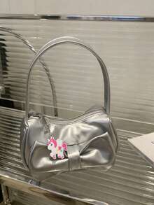 1pc Sweet PU Bow Handbag/Shoulder Bag/Underarm Bag, Casual Fashion Solid Color Small Bag, Meets All-Match Storage Needs, Multiple Colors Available, Exquisite And Versatile, Can Be Matched With Any Style, Suitable For Daily Travel, Shopping, Photography, All Seasons, Perfect Gift For Teenagers. - Butterfly Handbag + Rainbow Horse Pendant - View 8