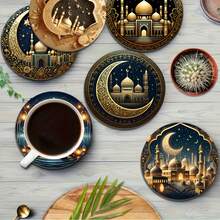 Ramadan Moon Theme Acrylic Coaster Set - Heat-Insulating, Non-Slip, Heat-Resistant Table Mats, Suitable For Family, Office And Ramadan-Themed Party Gifts, 3.9 Inches - Multicolor - View 3