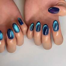 2026hot-Blue Cat Eye Press On Nails - Short Almond Magnetic Glitter False Nails, Unique Holographic Glam Manicure Set - JP2659 - Xem 2
