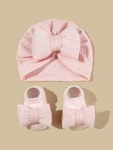 1-6个月婴儿蝴蝶结发带帽袜套装，提花针织帽头饰套装，新生儿礼物，春秋季 - 彩色 - 查看 14