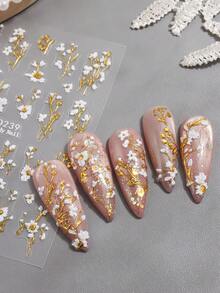 1/2pcs White Daisy & Golden Leaf Glitter Nail Stickers - Multicolor - View 5