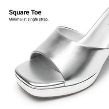 Women Minimalist Open Toe Heeled Mule Sandals Slip On, Thick Heel Casual High Heel Sandals For Outdoor Spring/Summer - 銀色 - 查看 7