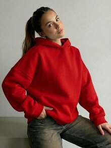 女士简约宽松长款纯色卫衣，秋冬季舒适百搭，衣橱必备基础款，适合日常、办公、休闲穿着，显瘦休闲上衣，柔软舒适，度假必备，女士春冬服装，女士外套，时尚女士卫衣，红色 - 紅色 - 查看 4