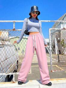 2条装女士休闲百搭舒适透气直筒裤，粉色简约运动裤