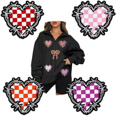 WENSIDUO Cute Plaid Fabric Heart-Shaped Patch, Embroidered Decorative Patch That Can Be Ironed Or Sewn, Plaid Heart-Shaped Iron-On Patch, Adorable Plaid Fabric Patch Suitable For Jeans And Accessories, Embroidered Patch For DIY Clothing And Bag Decoration