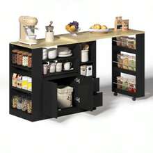 Kücheninsel Mit Ausziehbarer Arbeitsplatte, 115 Cm Lange Aufbewahrungsinsel Mit Dreiseitigen Regalen Und Zwei Schubladen, Kaffeebar, Ausziehbarer Esstisch Aus Holz, Geeignet Für Esszimmer Und Hausbars - Black+Natural - View 2