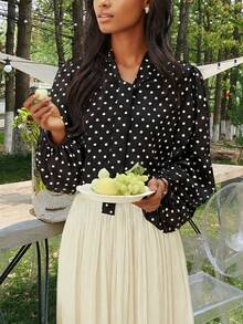 YUXIN 女士春夏波点长袖衬衫，丝滑系领宽松透气，适合多种场合穿着，如办公室、休闲度假派对等，黑色款。 - 黑色 - 查看 9