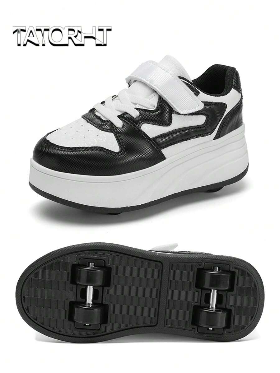 1 par de zapatos deportivos para niños con ruedas, zapatillas de patines de 4 ruedas - Blanco y Negro - Ver 1
