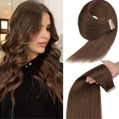 Chocolate Brown Balayage Tape-In Hair Extensions 20 Inch Seamless Straight Remy Human Hair Wefts 20Pcs Dark Brown Remy Human Hair Straight Seamless PU Weft Natural Look For Women Easy Application For Added Volume & Length