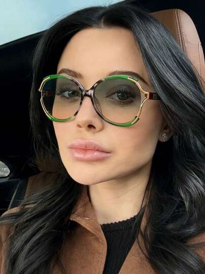 New Fashionable Retro Metal Large Frame Round Fashion Glasses For Women, Street Style, Suitable For Daily, Vintage, Simple, Vacation, Beach, High Quality, , Versatile, Party Decoration