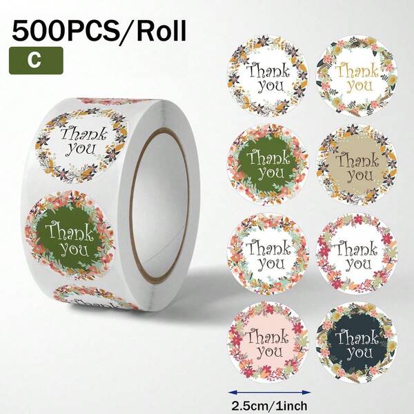 (500pcs/Roll) Colorful Floral Thank You Sticker Roll, Multi-Color Fresh Flower Thank You Colorful Stickers Suitable For Small Businesses, Self-Adhesive Simple Elegant Sealing Stickers Labels For Envelopes, Party Gifts, Decor Stickers