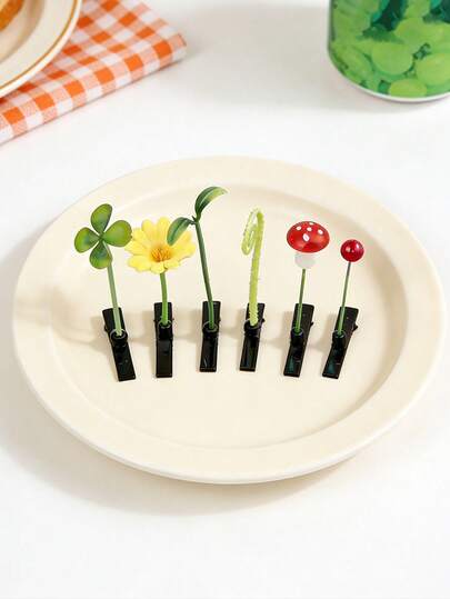 6个可爱卡通草花植物发夹，红、绿、黄三色可选，趣味十足的Artificiashow豆芽鸭嘴发夹，时尚清新可爱男女通用发饰，适合春夏佩戴，儿童、女孩和女士均可使用，日常佩戴、生日派对、个性化造型、礼品、节日头饰、美发工具、发饰、发夹、发卡